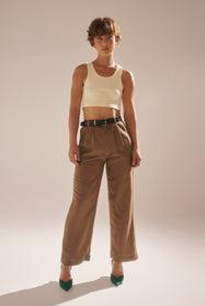 Chloe Pleat Pant Linen - Tobacco Thumbnail