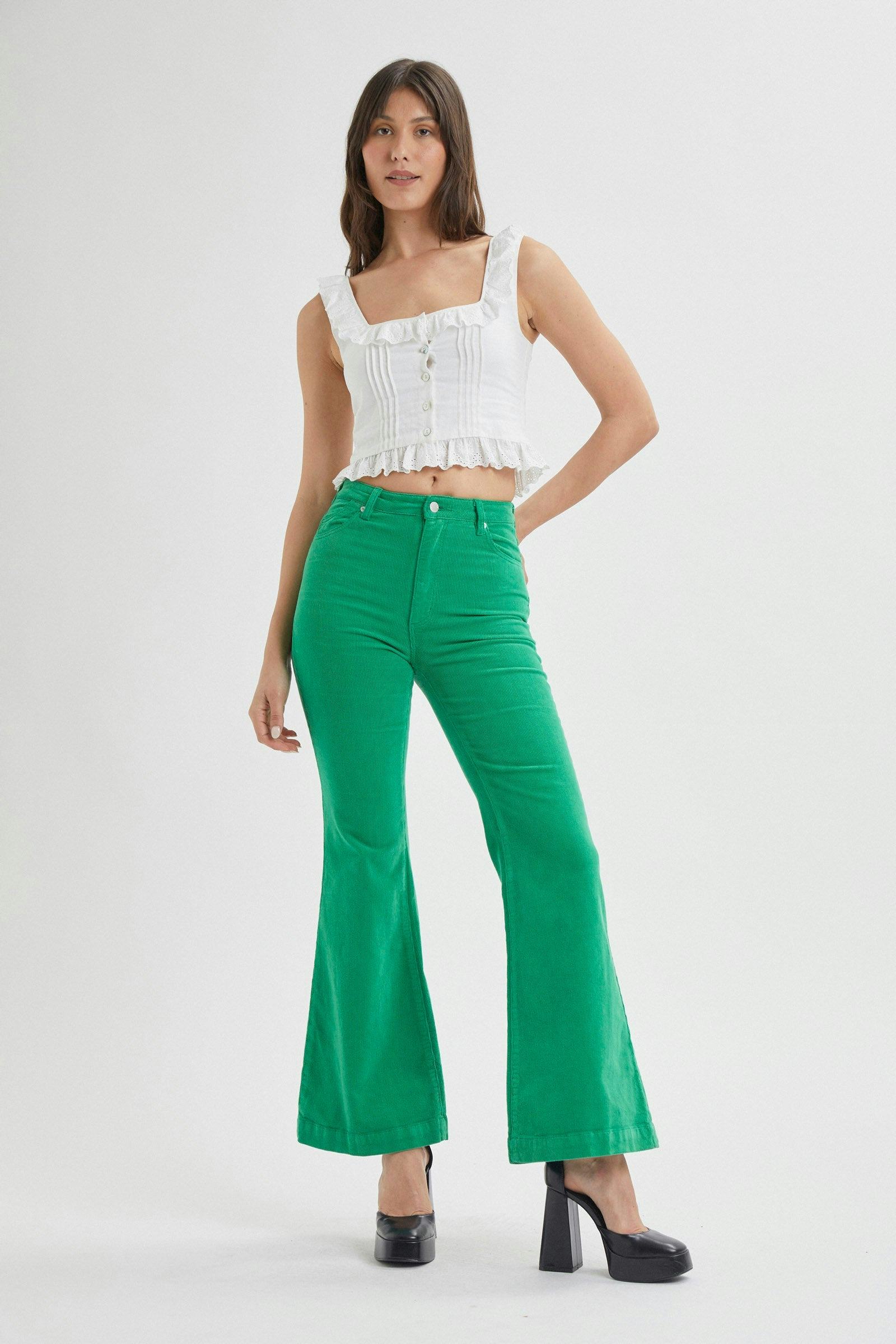 Green High Rise Flared Pants Online Shopping
